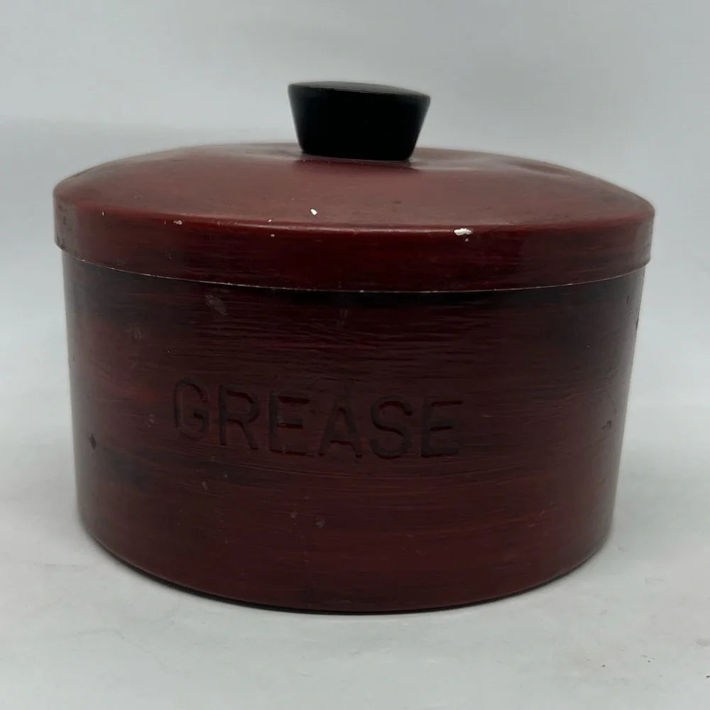Vintage Primitive Hand Painted Aluminum Grease Jar with Lid